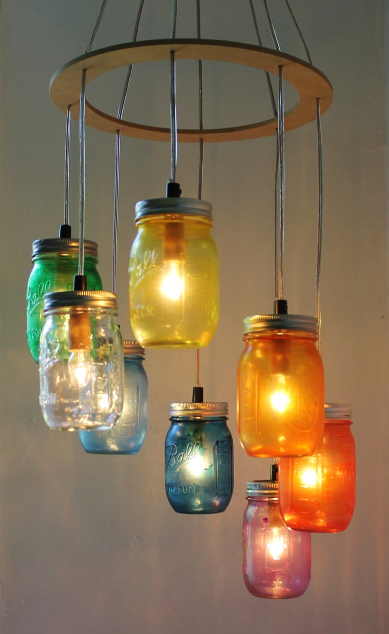 Rainbow Heart-Shaped Mason Jar Chandelier, Rustic Hanging Ceiling Mount Pendant Lighting Fixture by BootsNGus, Bulbs Included, Free Shipping image 3