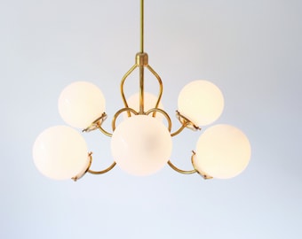 Brass Chandelier Lighting Fixture, Brass Pendant Lamp, 6 White Glass Globes on Fluted Arms, BootsNGus Modern Lighting and Home Decor