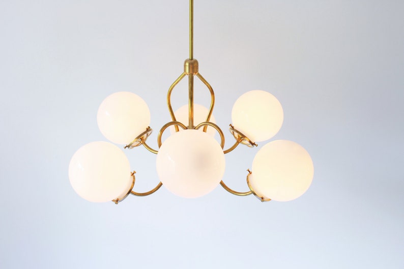 Brass Chandelier Lighting Fixture, Brass Pendant Lamp, 6 White Glass Globes on Fluted Arms, BootsNGus Modern Lighting and Home Decor image 1