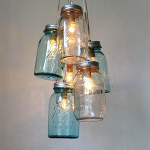 Ocean Sapphire Mason Jar Chandelier, 6 Clustered Blue & Clear Quart Jars, Modern Farmhouse Hanging Pendant Lighting Fixture, Bulbs Included
