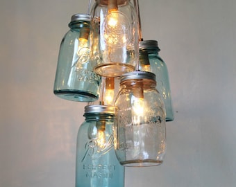 Ocean Sapphire Mason Jar Chandelier, 6 Clustered Blue & Clear Quart Jars, Modern Farmhouse Hanging Pendant Lighting Fixture, Bulbs Included