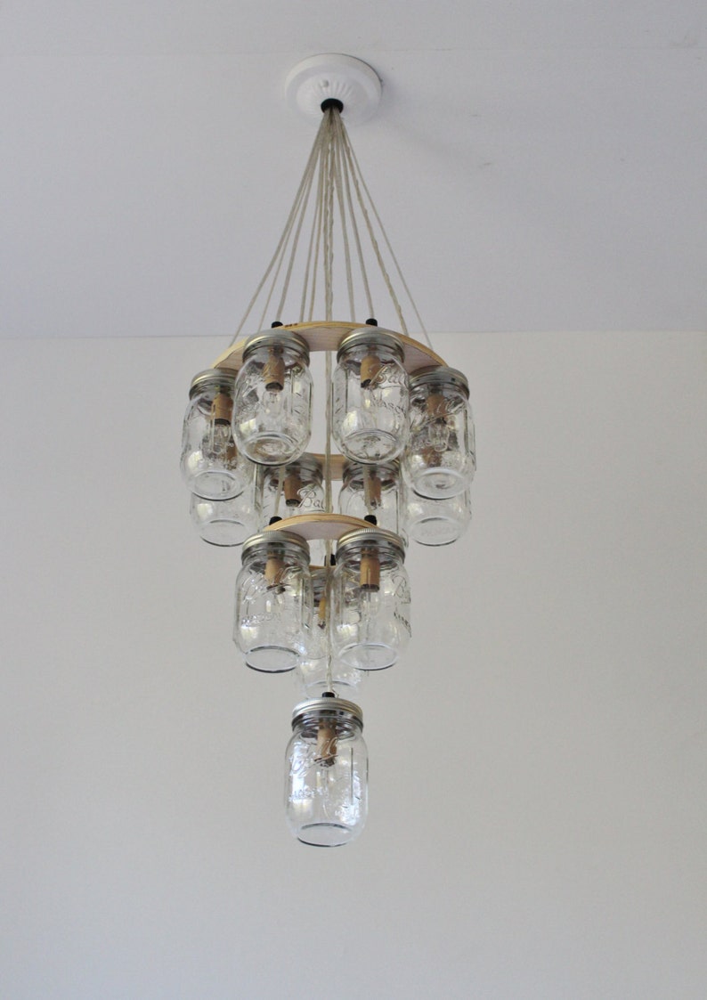 Mason Jar Chandelier, Large 3 Tier Mason Jar Lighting Fixture, 12 Clear Jars, Rustic BootsNGus Mason Jar Pendant Lighting, Bulbs Included image 5