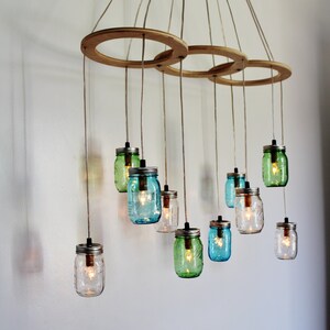 Mason Jar Chandelier, Kitchen Island Dining Table Pendant Lights, Large Hanging Lighting Fixture, Clear Blue & Green Jars, Bulbs Included image 3