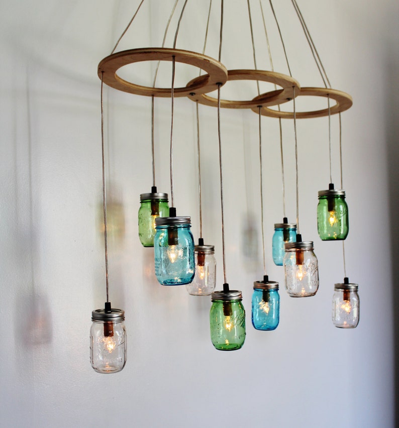 Mason Jar Chandelier, Kitchen Island Dining Table Pendant Lights, Large Hanging Lighting Fixture, Clear Blue & Green Jars, Bulbs Included image 3