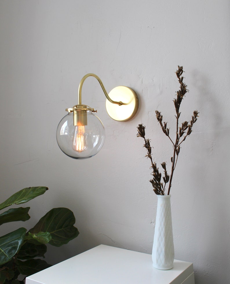 Sconce Lamp Brass Gooseneck Wall Mounted Lighting Fixture Clear Glass Bubble Globe Shade Mid Century Modern Gold Light