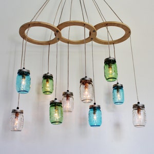 Mason Jar Chandelier, Kitchen Island Dining Table Pendant Lights, Large Hanging Lighting Fixture, Clear Blue & Green Jars, Bulbs Included image 2