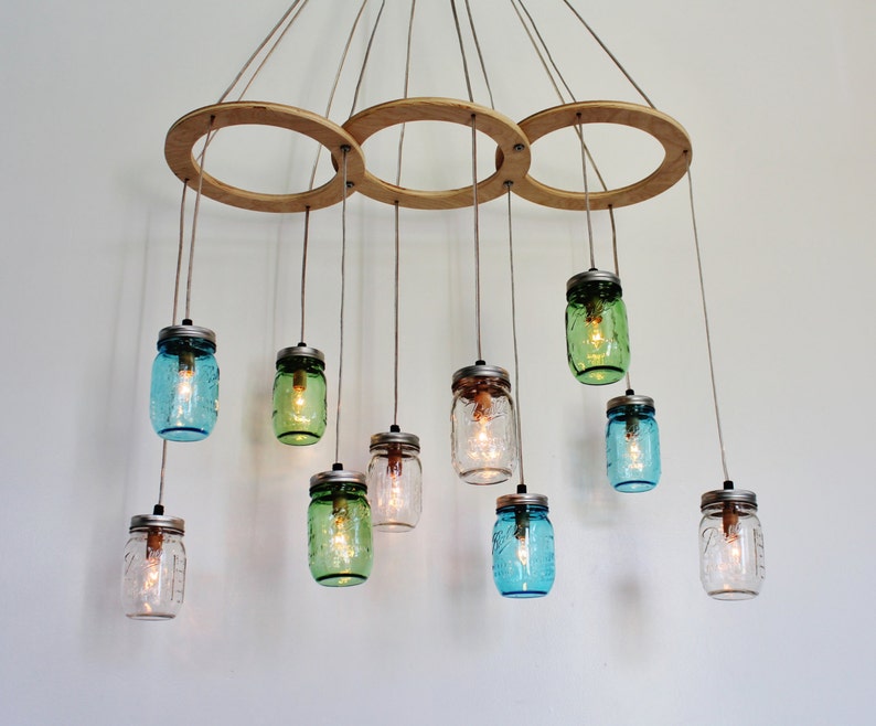 Mason Jar Chandelier, Kitchen Island Dining Table Pendant Lights, Large Hanging Lighting Fixture, Clear Blue & Green Jars, Bulbs Included image 2