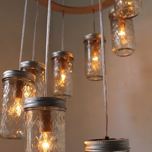 Mason Jar Chandelier, Spiral Waterfall Mason Jar Lighting Fixture With 8 Quilted Pint Jars, BootsNGus Rustic Modern Home Lighting & Decor image 2