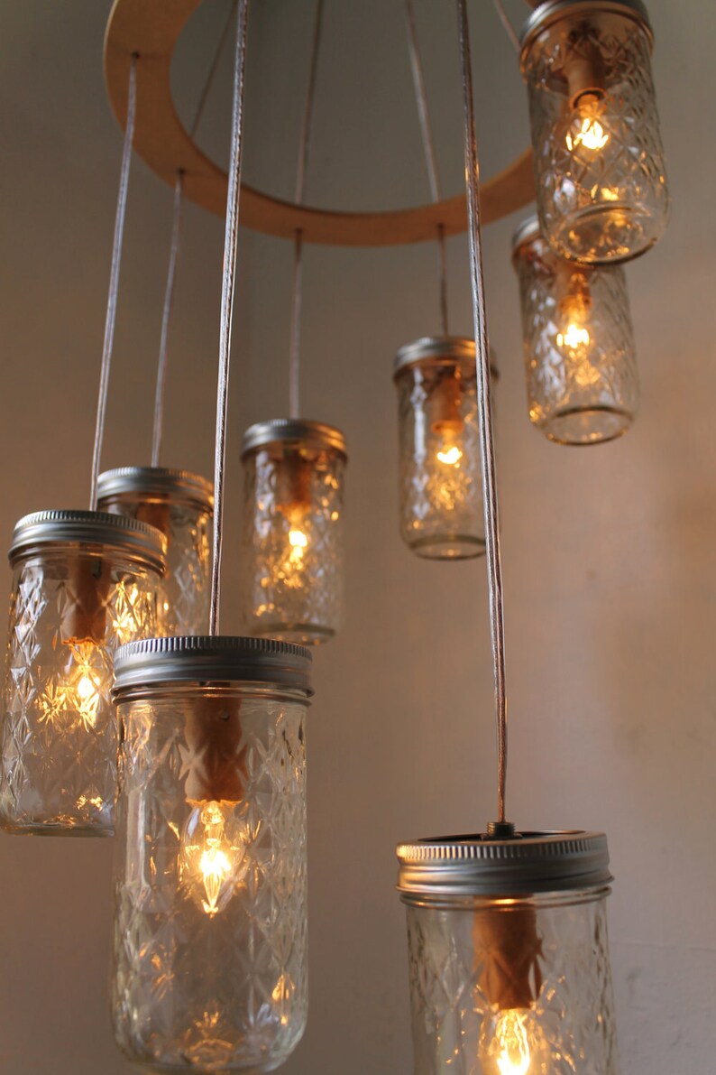 Mason Jar Chandelier, Spiral Waterfall Mason Jar Lighting Fixture With 8 Quilted Pint Jars, BootsNGus Rustic Modern Home Lighting & Decor image 2