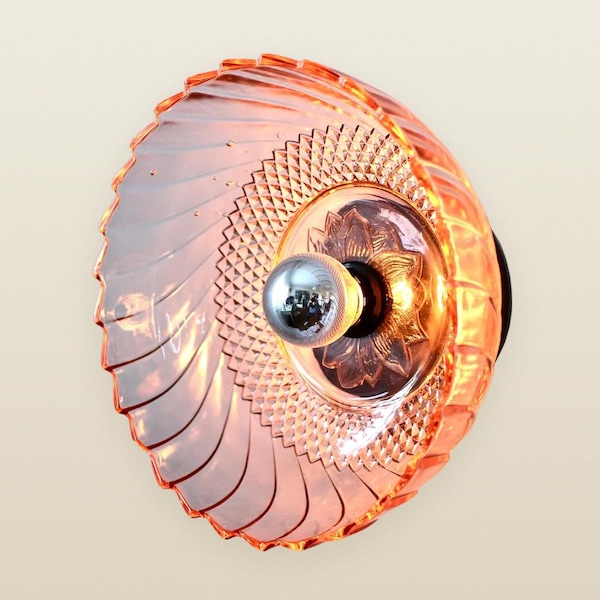Pink Glass Flush Mount Wall Sconce Lamp, Upcycled Vintage KIG Indonesia Bowl Shade, Bulb Included