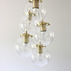 Globe Chandelier Lighting Fixture Five Clear Glass Bubble Clustered Pendant Lights Brass Finish Mid Century Modern Lamps & Home Decor image 2