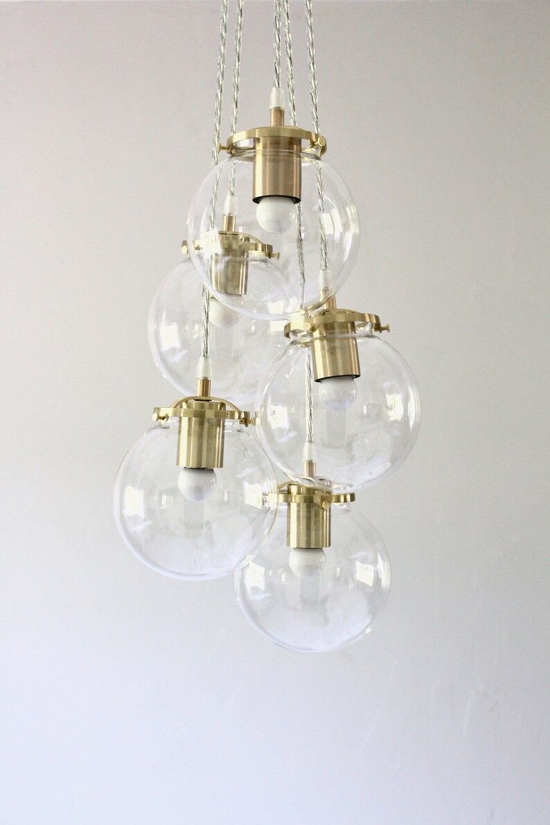 Globe Chandelier Lighting Fixture Five Clear Glass Bubble Clustered Pendant Lights Brass Finish Mid Century Modern Lamps & Home Decor image 2