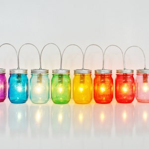 Rainbow Mason Jar Party Lights, String of 8 Mason Jar Lamps, BootsNGus Mason Jar Lighting Fixture in Rainbow Colors, Bulbs Included image 1