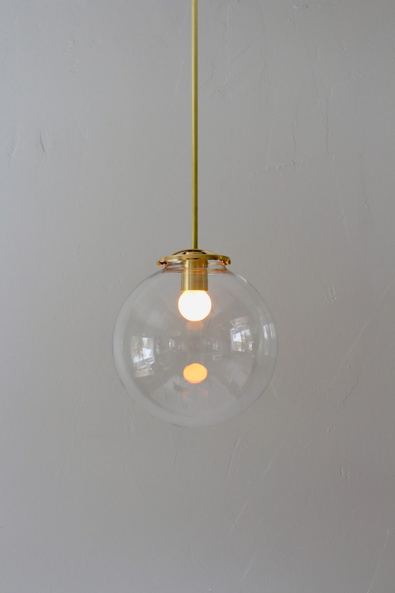 Bubble Pendant Light, 8 Clear Glass Globe Shade, Brass Finish, Single Mid Century Modern Hanging Pendant Lighting Fixture image 2