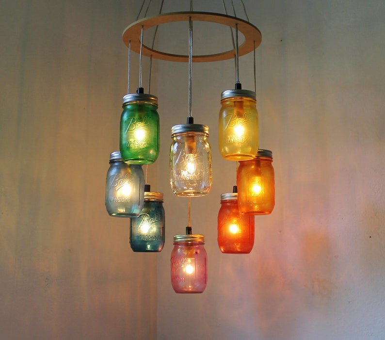 Rainbow Heart-Shaped Mason Jar Chandelier, Rustic Hanging Ceiling Mount Pendant Lighting Fixture by BootsNGus, Bulbs Included, Free Shipping image 1