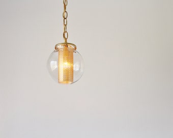 Globe Bubble Pendant Light, Modern Hanging Ceiling Mount Lighting Fixture, Clear Glass Globe Shade, Gold Chain & Shade Insert, Brass Holders