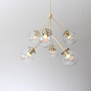Sputnik Chandelier, Brass Pendant Lighting Fixture, 6 Clear Glass Bubble Globes, 6 Arms Mid Century Modern Kitchen Dining Room Chandelier image 3