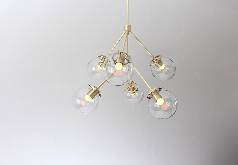 Sputnik Chandelier, Brass Pendant Lighting Fixture, 6 Clear Glass Bubble Globes, 6 Arms Mid Century Modern Kitchen Dining Room Chandelier image 3