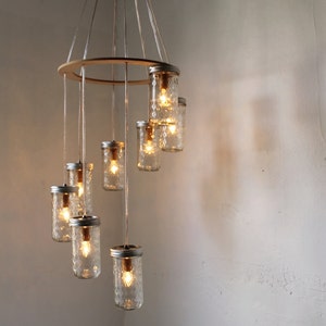 Mason Jar Chandelier, Spiral Waterfall Mason Jar Lighting Fixture With 8 Quilted Pint Jars, BootsNGus Rustic Modern Home Lighting & Decor