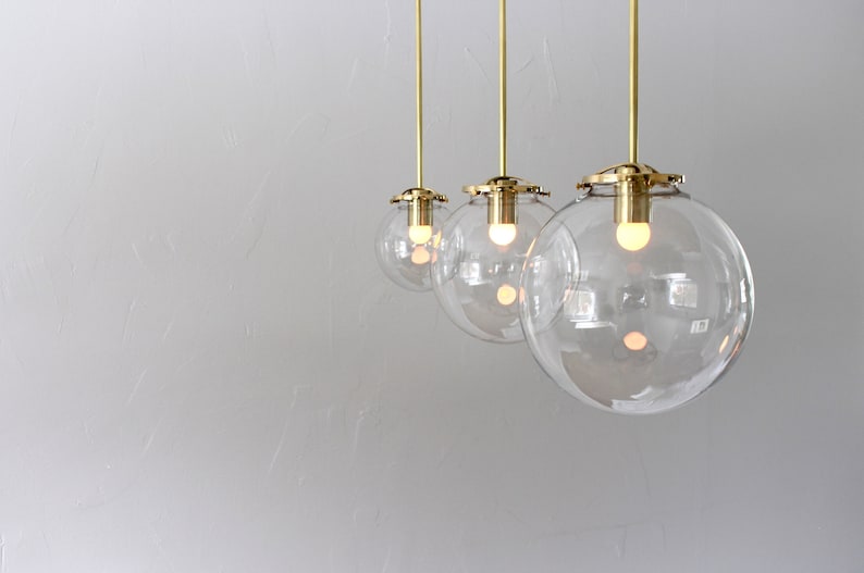 Large Bubble Pendant Light, 10 Clear Glass Globe Shade, Brass Finish, Single Mid Century Modern Hanging Pendant Lamp Lighting Fixture image 1