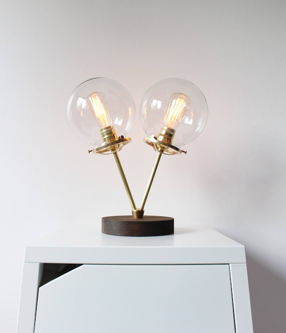 Globe Table Lamp Brass and Wood Desk Twin Light Table Lamp 2 Bulb –Brass