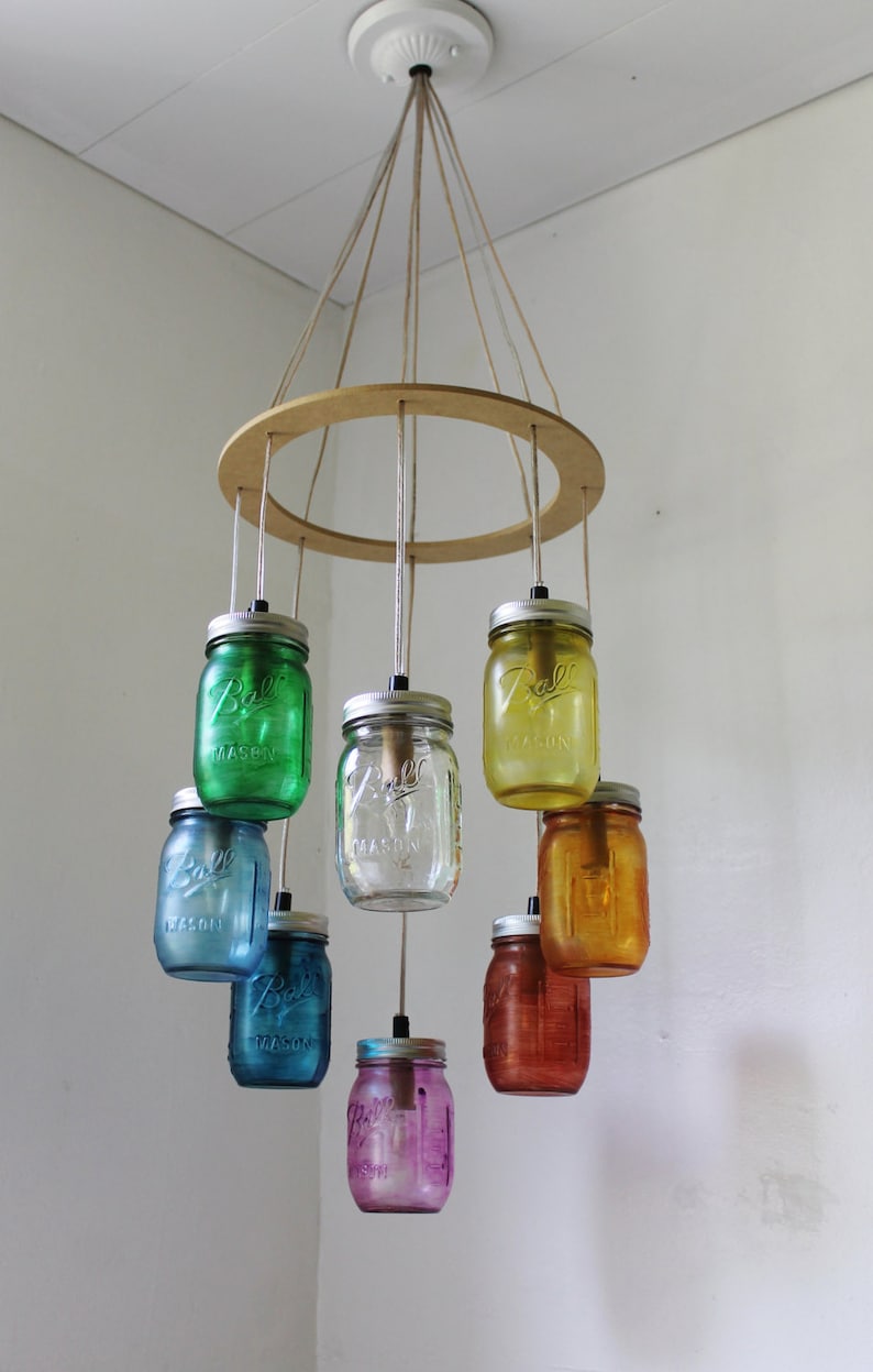 Rainbow Heart-Shaped Mason Jar Chandelier, Rustic Hanging Ceiling Mount Pendant Lighting Fixture by BootsNGus, Bulbs Included, Free Shipping image 5