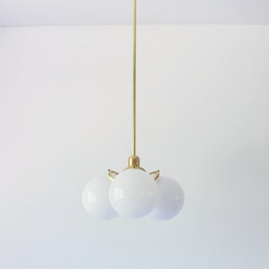 Brass Chandelier Pendant Light, Modern Industrial Hanging Ceiling Mount Lighting Fixture, 3 White Glass Bubble Globes, Free Shipping image 5