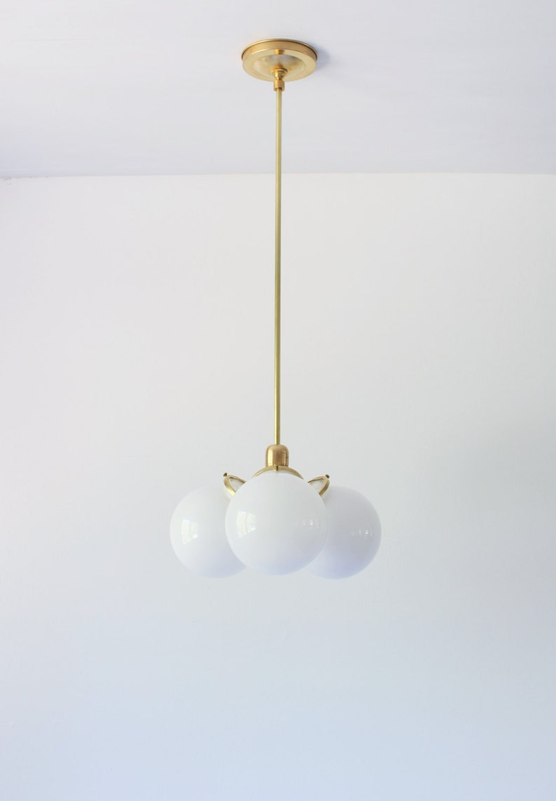 Brass Chandelier Pendant Light, Modern Industrial Hanging Ceiling Mount Lighting Fixture, 3 White Glass Bubble Globes, Free Shipping image 5