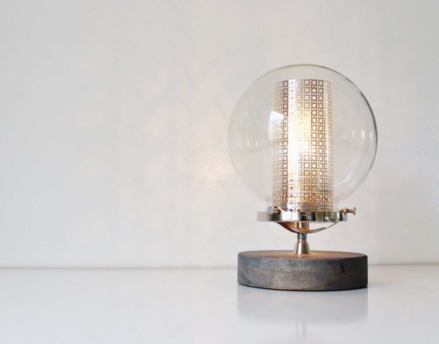 Globe Table Lamp Industrial Chrome Steel and Wood Desk Lamp Etsy