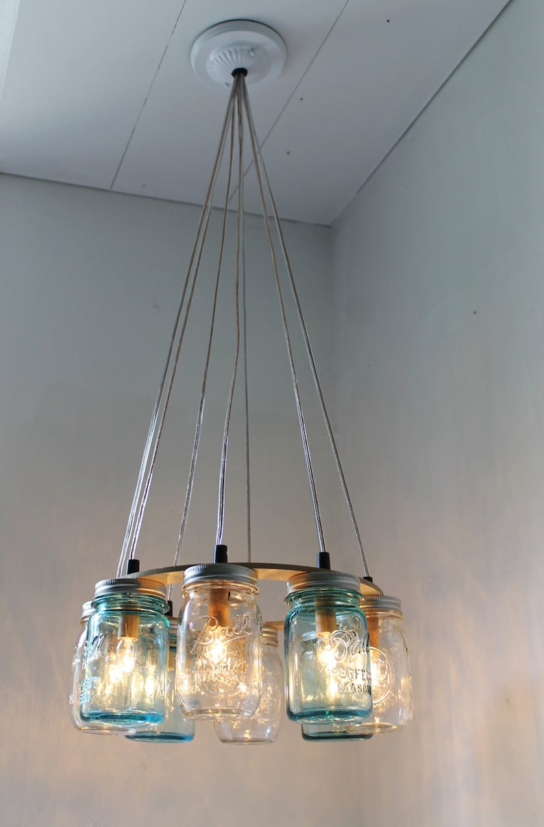 Mason Jar Chandelier, Beach House Mason Jar Lighting Fixture, Blue and Clear Jars, Hanging Pendant Light, BootsNGus Lighting, Bulbs Included image 2