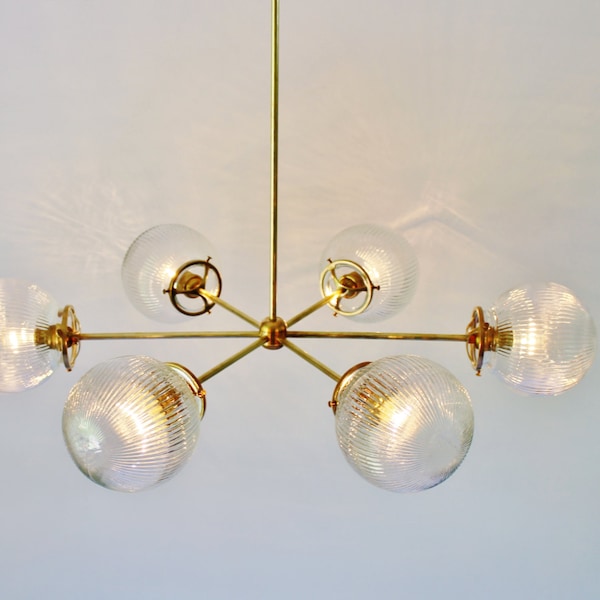 Sputnik Chandelier, Clear Ribbed Holophane Glass Globe Shades 6 Arms, Modern Brass Hanging Lighting Fixture, BootsNGus Lights and Home Decor