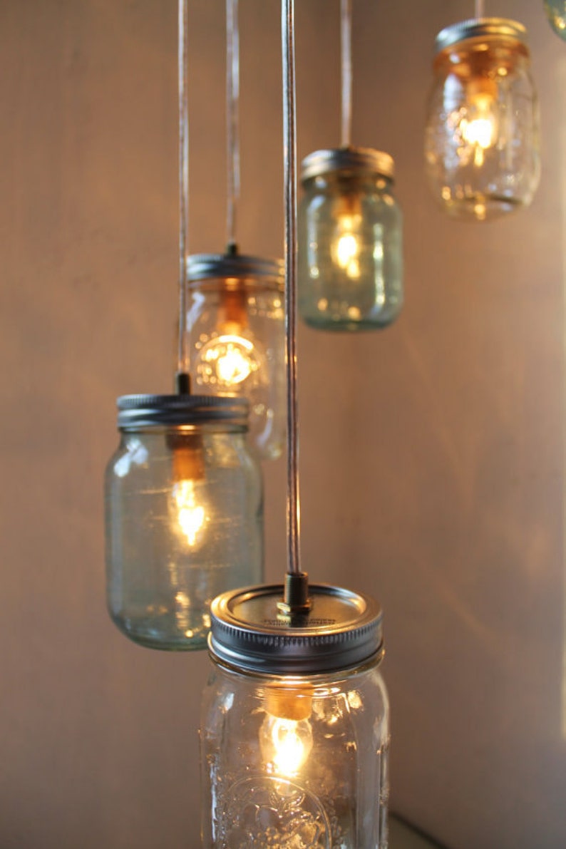 Spiral Mason Jar Chandelier, 8 Clear & Blue Jars, Modern Country Ceiling Mount Hanging Mason Jar Pendants Lighting Fixture, Bulbs Included image 3