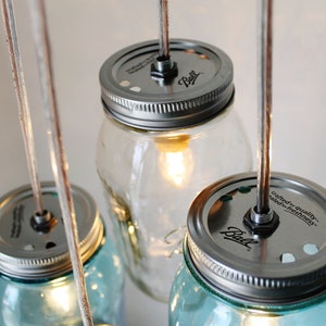 Mason Jar Chandelier, 4 Blue & Clear Quart Ball Jars, Mason Jar Pendants Lighting Fixture, Upcycled BootsNGus Lamp Design, Bulbs Included image 5