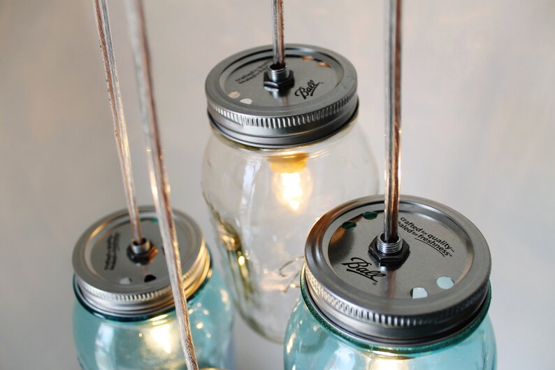 Mason Jar Chandelier, 4 Blue & Clear Quart Ball Jars, Mason Jar Pendants Lighting Fixture, Upcycled BootsNGus Lamp Design, Bulbs Included image 5