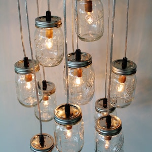 Mason Jar Chandelier, Rustic Hanging Pendant Lighting Fixture, 11 Clear Jars Cluster, Modern BootsNGus Lighting & Home Decor, Bulbs Included image 4