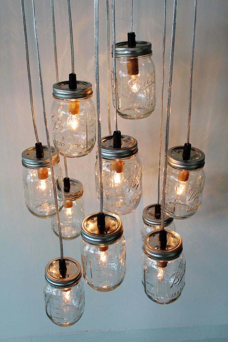Mason Jar Chandelier, Rustic Hanging Pendant Lighting Fixture, 11 Clear Jars Cluster, Modern BootsNGus Lighting & Home Decor, Bulbs Included image 4