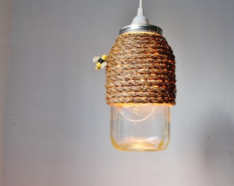 The Hive Mason Jar Pendant Lamp, Hanging Lighting Fixture With A Rope Wrapped Half Gallon Mason Jar, Rustic BootsNGus Lighting & Home Decor