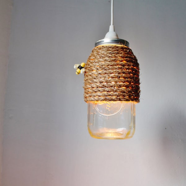 The Hive Mason Jar Pendant Lamp, Hanging Lighting Fixture With A Rope Wrapped Half Gallon Mason Jar, Rustic BootsNGus Lighting & Home Decor