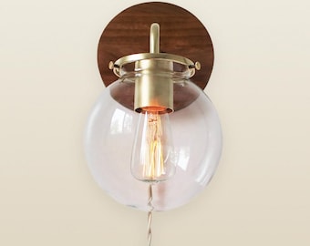 Wall Sconce Lamp, Bubble Globe Sconce Light, Brass and Wood Industrial Modern Lighting Fixture, Clear Glass Shade, Wire-In Or Plug-In