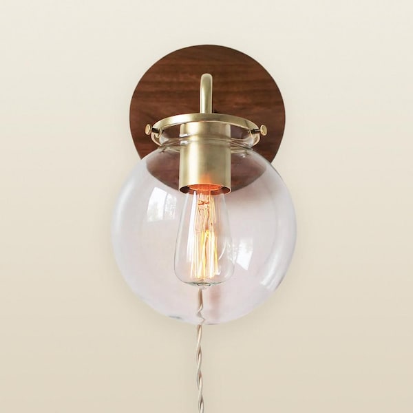 Wall Sconce Lamp, Bubble Globe Sconce Light, Brass and Wood Industrial Modern Lighting Fixture, Clear Glass Shade, Wire-In Or Plug-In