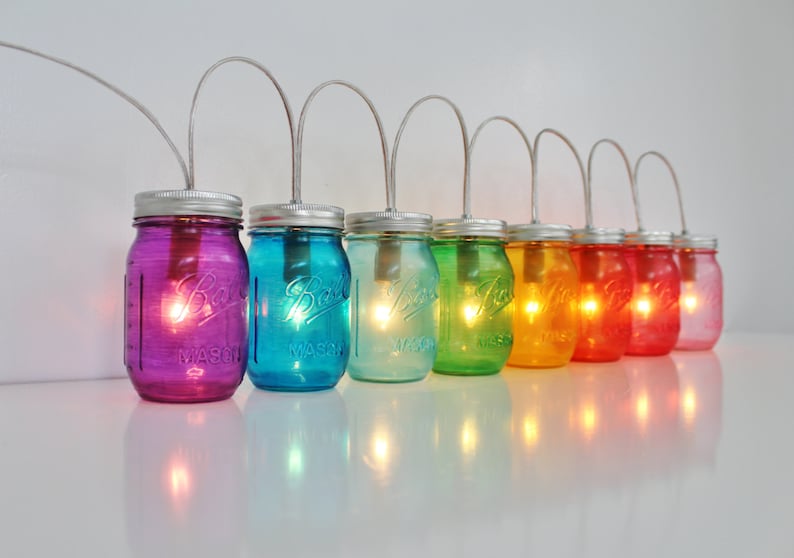 Rainbow Mason Jar Party Lights, String of 8 Mason Jar Lamps, BootsNGus Mason Jar Lighting Fixture in Rainbow Colors, Bulbs Included image 5