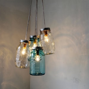 Mason Jar Chandelier, 4 Blue & Clear Quart Ball Jars, Mason Jar Pendants Lighting Fixture, Upcycled BootsNGus Lamp Design, Bulbs Included image 1