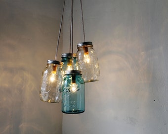 Mason Jar Chandelier, 4 Blue & Clear Quart Ball Jars, Mason Jar Pendants Lighting Fixture, Upcycled BootsNGus Lamp Design, Bulbs Included