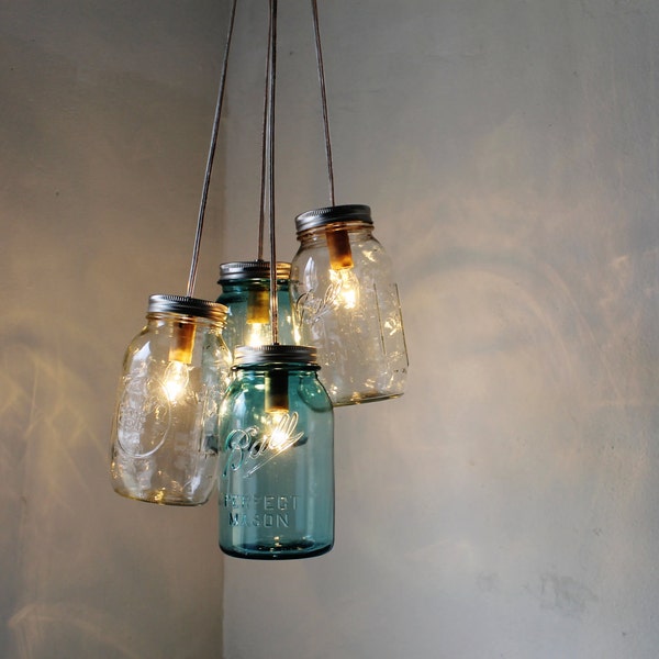 Mason Jar Chandelier, 4 Blue & Clear Quart Ball Jars, Mason Jar Pendants Lighting Fixture, Upcycled BootsNGus Lamp Design, Bulbs Included