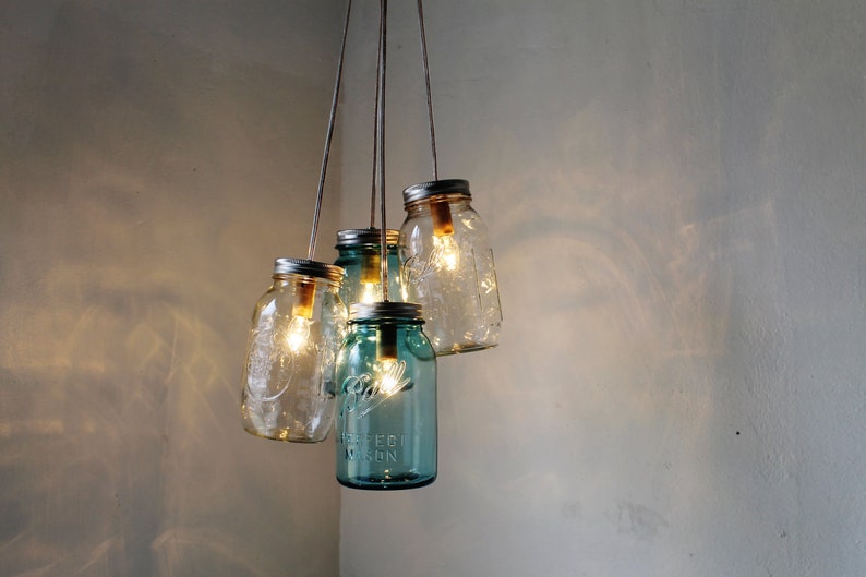 Mason Jar Chandelier, 4 Blue & Clear Quart Ball Jars, Mason Jar Pendants Lighting Fixture, Upcycled BootsNGus Lamp Design, Bulbs Included image 1