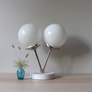 Siamese Twin Table Lamp, Industrial Desk Lamp, Polished Nickel, 2 Frosted White or Clear Glass Bubble Globes, Modern Lighting and Home Decor image 3