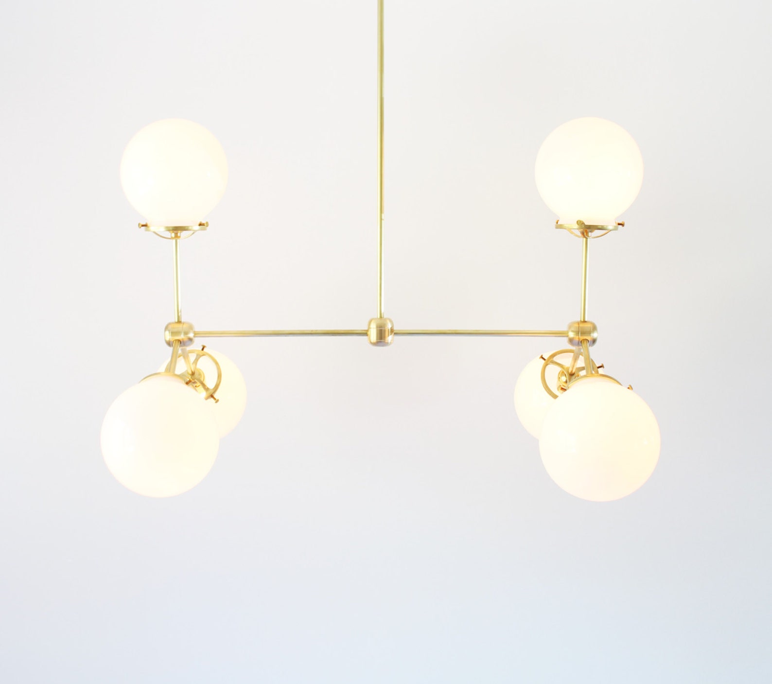 Modern Brass Chandelier 6 White Glass Globes Large Hanging Etsy