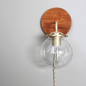 Wall Sconce Lamp, Bubble Globe Sconce Light, Brass and Wood Industrial Modern Lighting Fixture, Clear Glass Shade, Wire-In Or Plug-In image 7