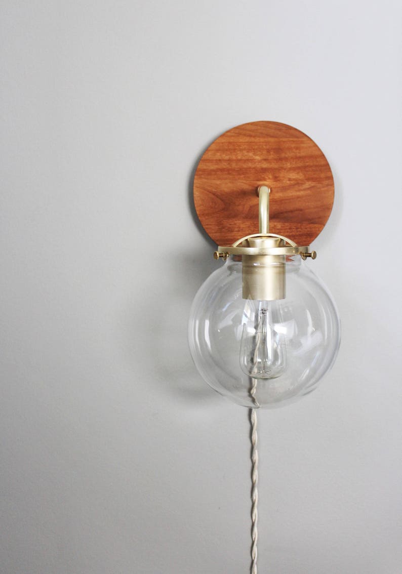 Wall Sconce Lamp, Bubble Globe Sconce Light, Brass and Wood Industrial Modern Lighting Fixture, Clear Glass Shade, Wire-In Or Plug-In image 7