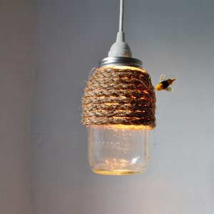 The Hive Mason Jar Pendant Lamp, Hanging Lighting Fixture With A Rope Wrapped Quart Jar, Rustic Handcrafted BootsNGus Lights & Home Decor image 1